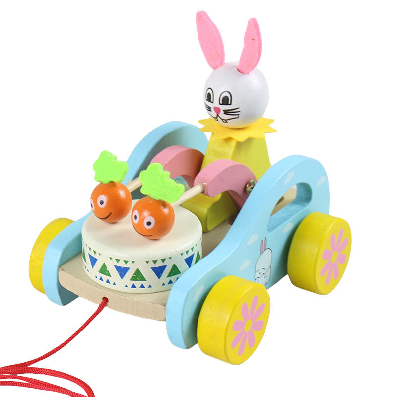 Wooden Cute Kid Rabbit Beating Drum Pulling Cart