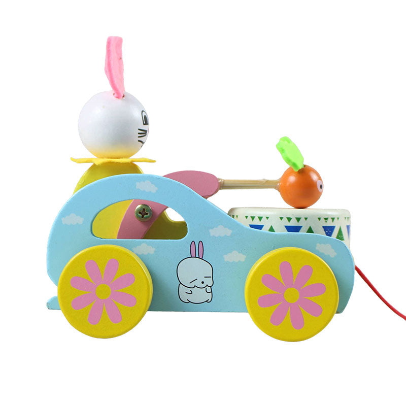 Wooden Cute Kid Rabbit Beating Drum Pulling Cart
