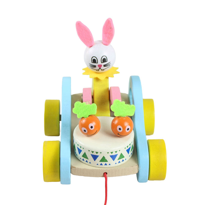 Wooden Cute Kid Rabbit Beating Drum Pulling Cart