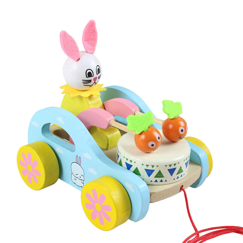 Wooden Cute Kid Rabbit Beating Drum Pulling Cart