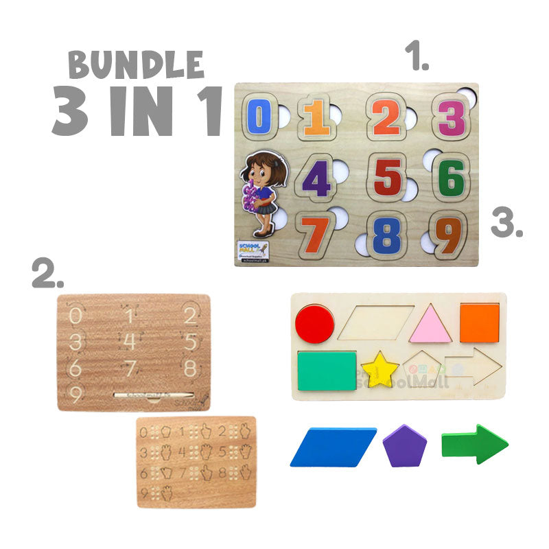 3 in 1 Combo Number & Shapes Learning Wooden Boards