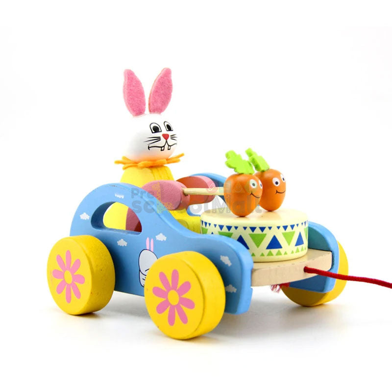 Wooden Cute Kid Rabbit Beating Drum Pulling Cart