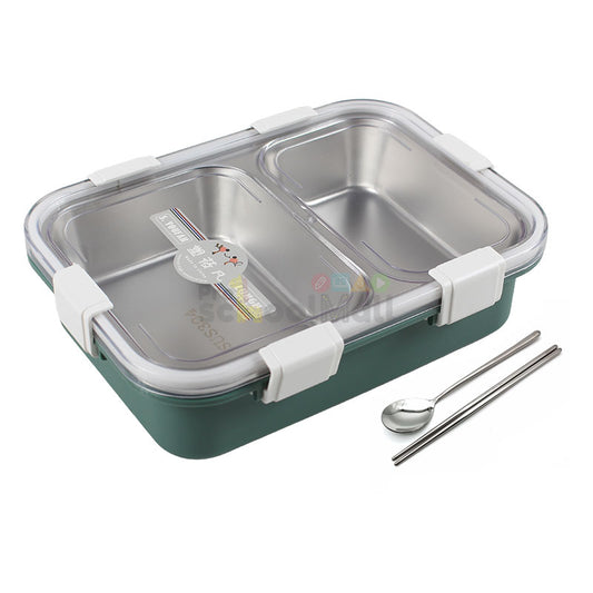 2 Partition Lunch Box Stainless Steel with Spoon & Chopstick 01975