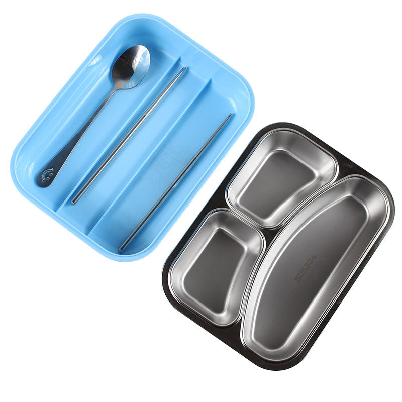 3 Partition Lunch Box Stainless Steel with Spoon & Chopstick 01974