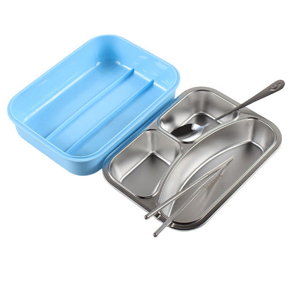 3 Partition Lunch Box Stainless Steel with Spoon & Chopstick 01974