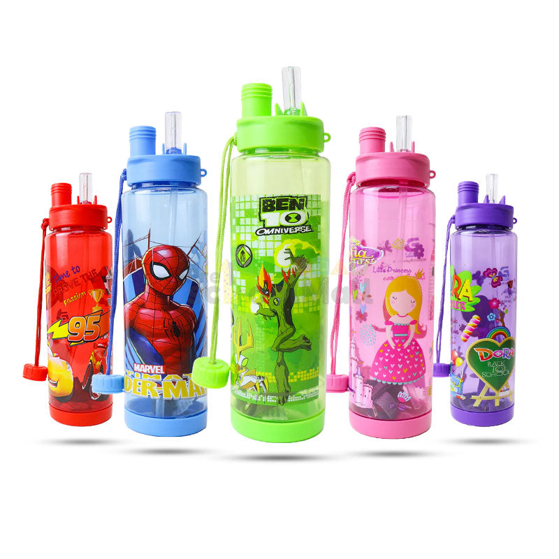 500ml Cartoon Character Water Bottle with Straw & Strap