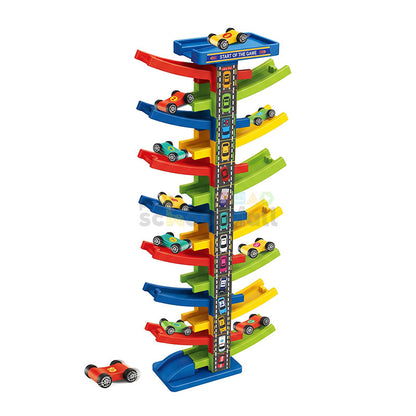 DIY Gliding Rail Car Multi-Level Racing Track Set with 10 Slide Cars