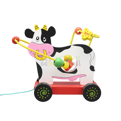 Wooden Bead Pull String Toy Car (Cow)