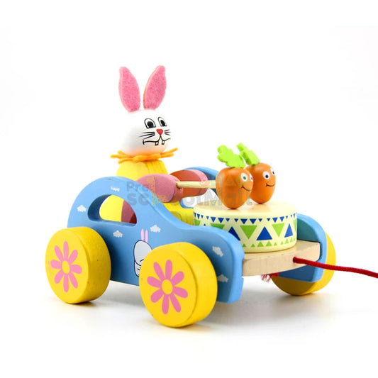 Wooden Cute Kid Rabbit Beating Drum Pulling Cart