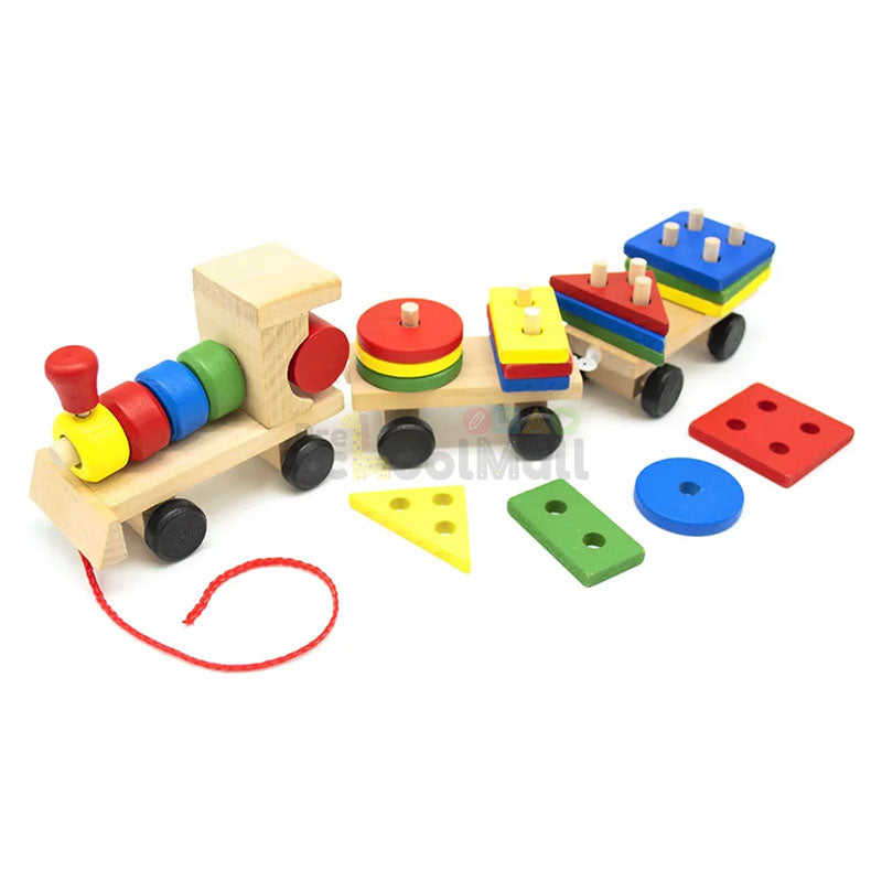 Wooden Geometric Shapes Building Block Train preschoolmall