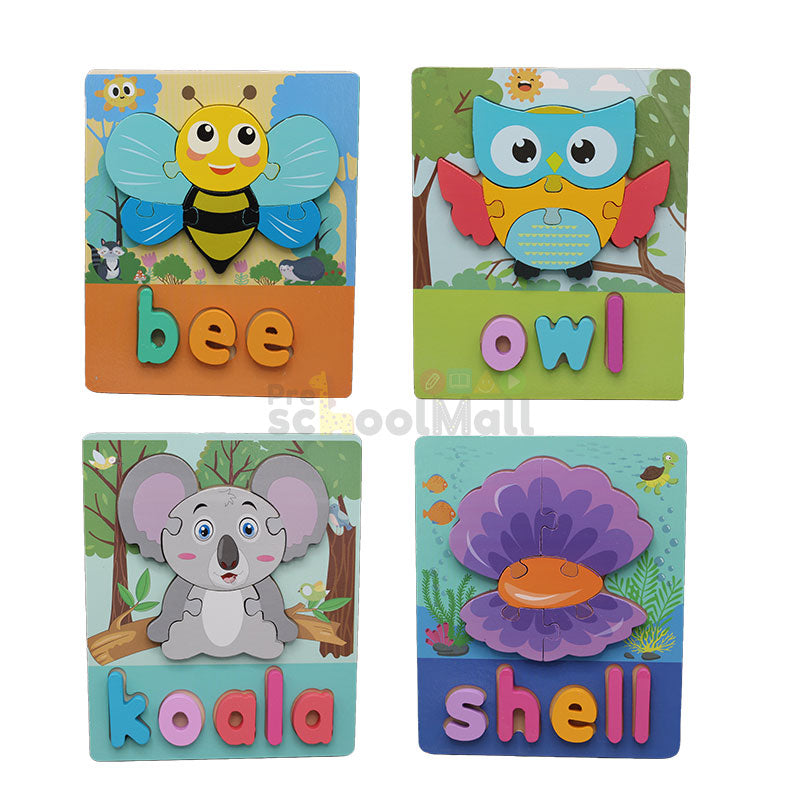 Wooden Square 3d Animal with name Puzzle Board 1567A